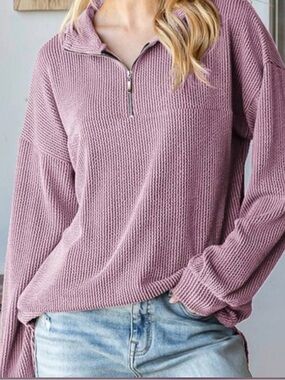 HEIMISH USA Ribbed Quarter-Zip Hoodie in Mauve Pink